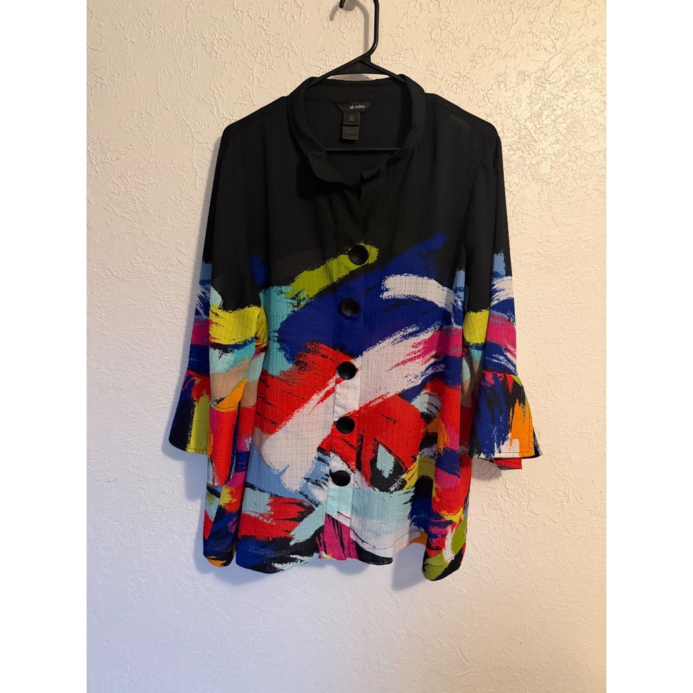 Ali Miles Womens 1X Abstract Brushstroke Crinkle Button Front Bell Sleeve Blouse